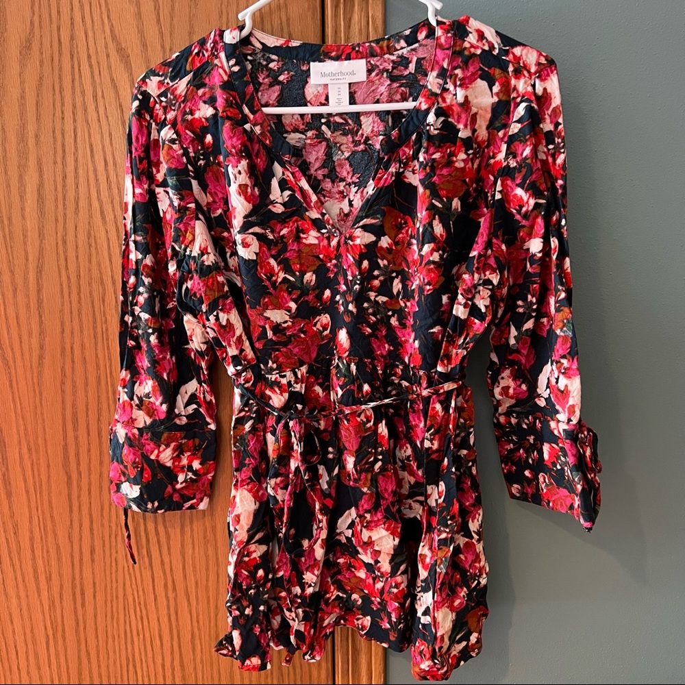 Red Floral Motherhood Maternity Blouse Size Medium Business Casual Office Green - Picture 1 of 10